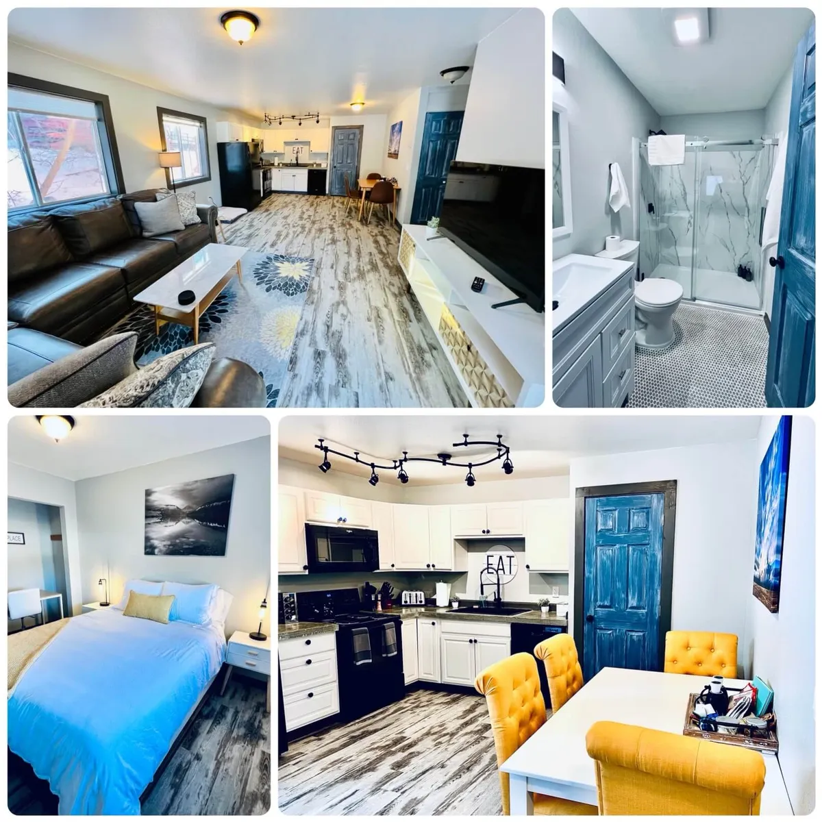 The image showcases the bright, open interior of the condo with a plush, comfortable couch, a modern dining area perfect for sharing meals, a sleek kitchen with updated appliances for cooking, and a glimpse of the inviting shower area—suggesting both relaxation and convenience after outdoor adventures.
