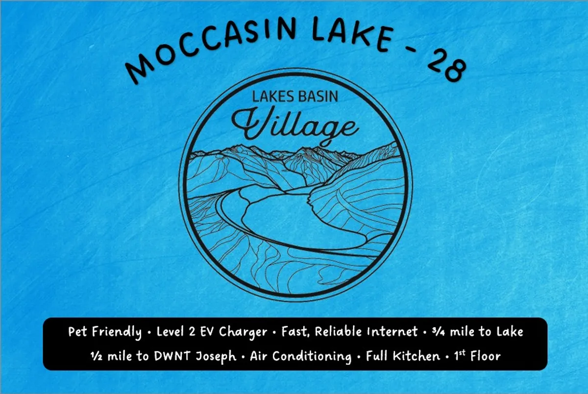 An interior scene highlighting the Moccasin Lake logo and amenities list, emphasizing pet-friendly accommodations and convenient touches like a full kitchen and EV charging. The design and materials radiate comfort and welcoming energy.